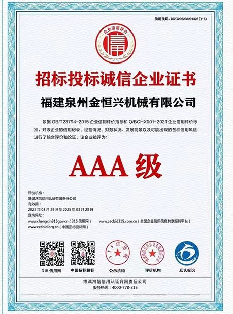 Porcellana Fujian Quanzhou Jinhengxing Machinery Co., Ltd Certificazioni