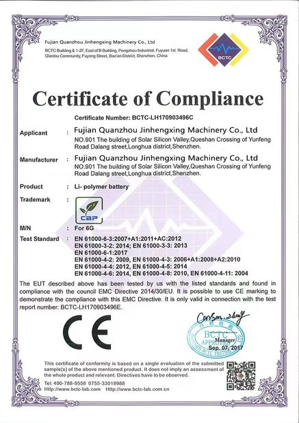 Porcellana Fujian Quanzhou Jinhengxing Machinery Co., Ltd Certificazioni